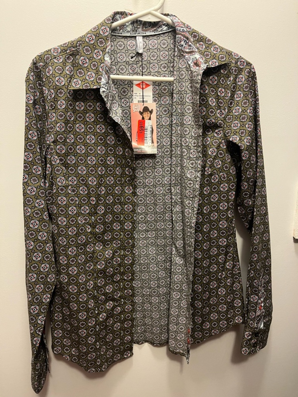 Cinch Olive and White Patterned Women's Button-Down Shirt